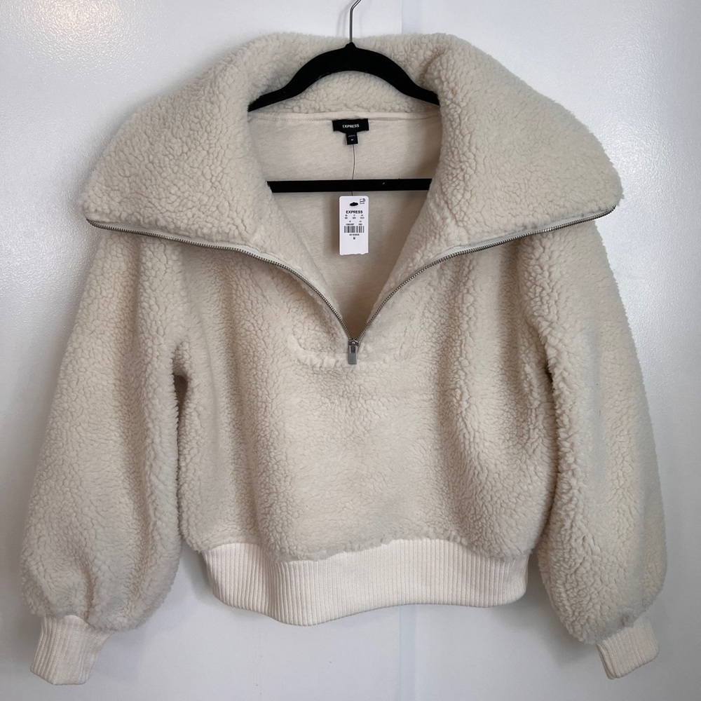 Express Teddy Quarter Zip Sweater Fleece Pullover Cream Zip Oversized Collar NWT